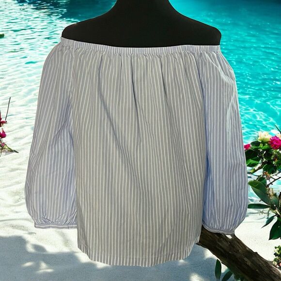 Gap Striped Off Shoulder Top Blouse Shirt Blue White Striped‎ Size Small - Picture 1 of 7